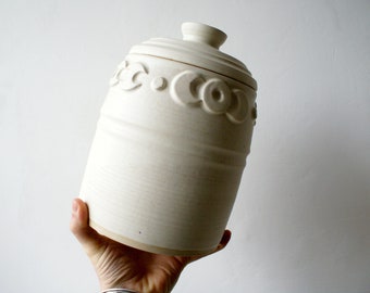 Geometric shapes patterned tall kitchenware pottery storage jar in vanilla cream