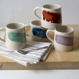 Set of two wheel thrown mugs with hand painted brushstroke colours for your tea break image 1