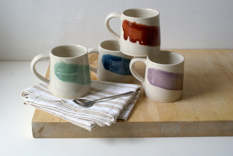 Set of two wheel thrown mugs with hand painted brushstroke colours for your tea break image 1