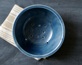 Handmade ceramic stoneware colander berry bowl glazed in ice blue