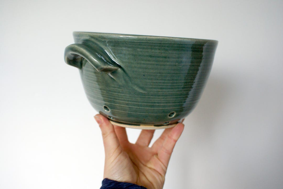 Pottery Colander Berry Bowl, Wheel Thrown and Glazed in Forest Green - Etsy