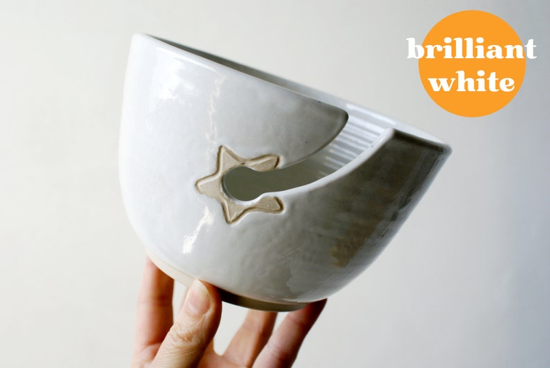 Pottery yarn bowl with little star hook, small yarn bowl for knitting customised in your choice of colour Brilliant white