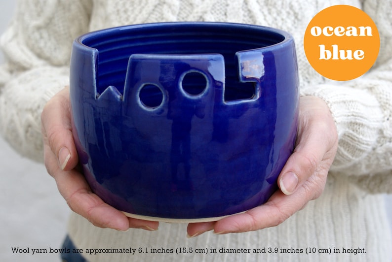 Ceramic pottery Wool yarn bowl for knitting personalised in your choice of colour Ocean Blue