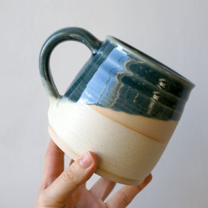 One large pottery tea mug in two tone blue and cream colours image 2