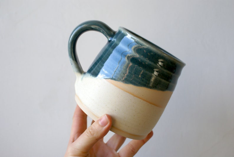 One large pottery tea mug in two tone blue and cream colours image 2