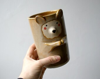 Cute pottery bear vase in grey