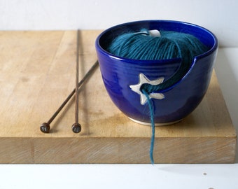 Second sale - Stoneware pottery yarn bowl with little star hook in ocean blue