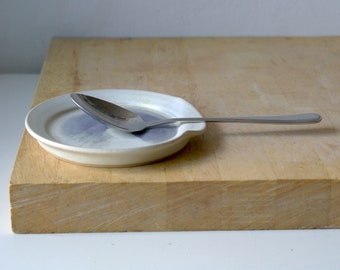 Sale - Ceramic spoon rest glazed in matte vanilla cream with hand painted purple glaze