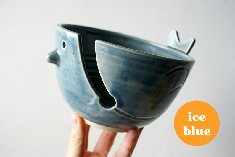 Customisable wren shaped yarn bowl for knitting and crochet projects Ice blue