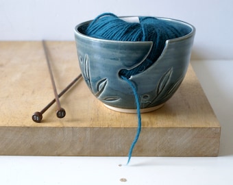 Hand thrown Stoneware yarn bowl with leaf pattern glazed in ice blue