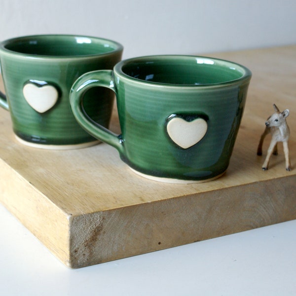 Set of two forest green heart mugs - hand thrown stoneware pottery