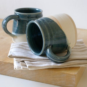 One large pottery tea mug in two tone blue and cream colours image 5