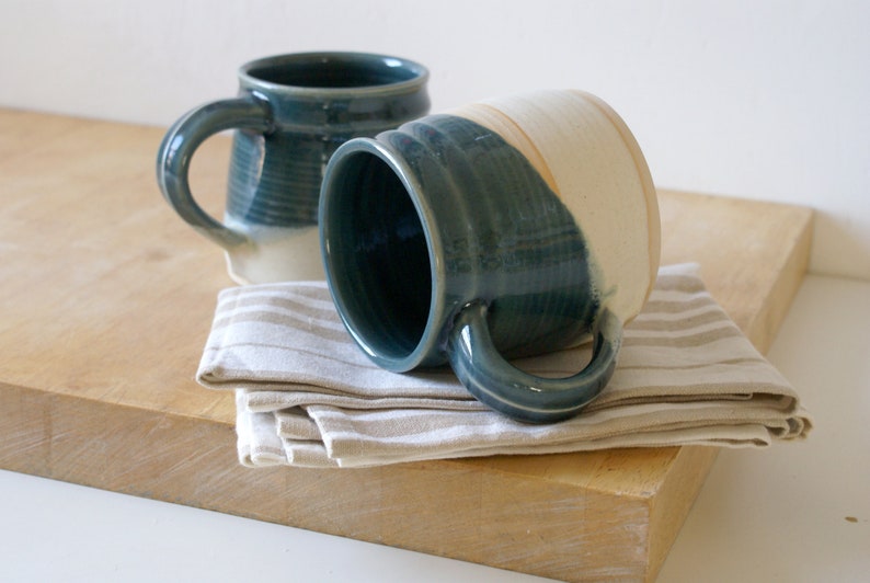 One large pottery tea mug in two tone blue and cream colours image 5