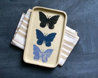 Blue butterflies ceramic pottery tray