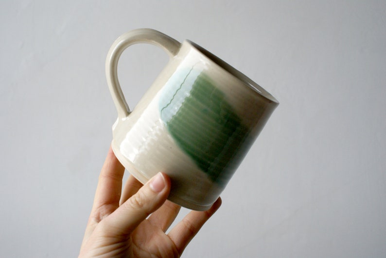 Set of two wheel thrown mugs with hand painted brushstroke colours for your tea break Green