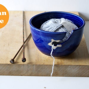 Pottery yarn bowl with little star hook, small yarn bowl for knitting customised in your choice of colour Ocean Blue