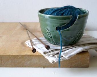 Hand thrown Stoneware yarn bowl with leaf pattern glazed in forest green