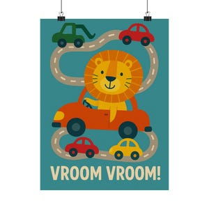 Póster de coche de león - Arte de pared imprimible "Vroom Vroom" - Decoración infantil - Descarga digital de animales A4 para guardería, "Vroom Vroom Lion", Arte para sala de juegos