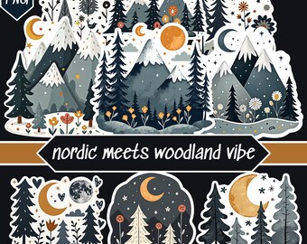 Forest clipart png, boho floralpng, moody moon art Stickers Set – 56 PNG Moon Woodland Elements, Nature Clipart