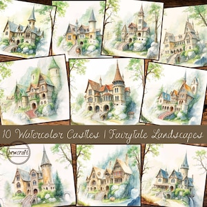 May include: Ten watercolor paintings of fairytale castles in lush green landscapes. Each castle is unique and features intricate details, including towers, windows, and stonework. The paintings are perfect for adding a touch of magic to any home decor.