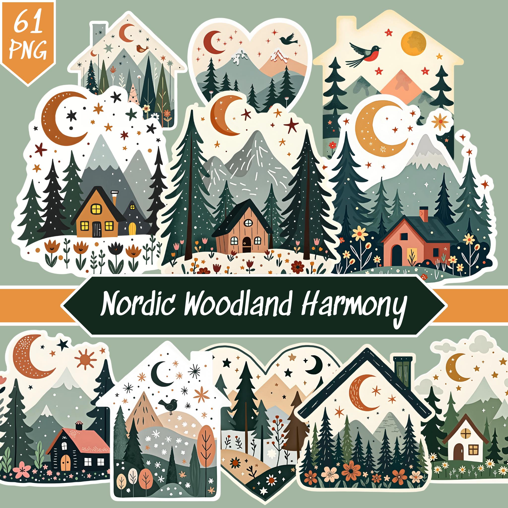 Nordic Woodland Harmony – Hand-Drawn Digital Stickers | Scandinavian Forest Clipart | Birds, Trees, Moon & Clouds - mega set 61 PNG