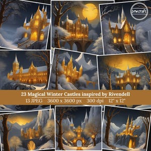 23 Magical Winter Castles | Elven Fantasy Land | Rivendell Style Illustrations | Printable Poster