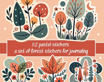 52 pastel stickers - a set of forest stickers for journaling, planners, scrapbooking - Nature, Mountains Mega Set Printable Digital Sticker