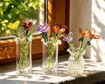 Fleurs en verre personnalisées pour le mois de naissance, mini bouquet en verre avec vase, cadeau floral unique pour maman, professeur et elle, cadeaux d'anniversaire ou de remerciement