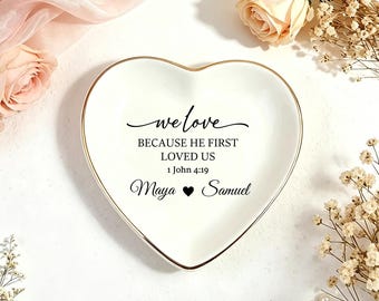 Porte-bague de fiançailles personnalisé, plateau à bijoux biblique personnalisé en céramique, cadeau de mariage chrétien pour couple, décoration de chambre à coucher pour un usage quotidien