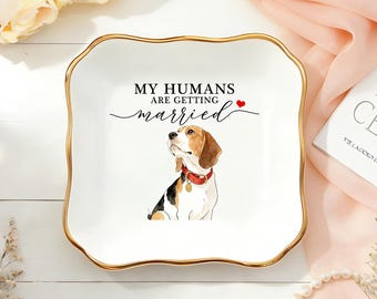 Plat à bagues personnalisé portrait d'animal de compagnie, cadeau de fiançailles pour elle, mes humains se marient, bibelot personnalisé bijoux portrait de chien