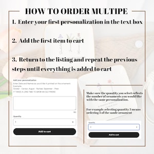 May include: An instructional graphic titled HOW TO ORDER MULTIPE with three numbered steps. It displays two white square ceramic dishes with floral illustrations and text, alongside a digital interface showing personalization text boxes and quantity menus.