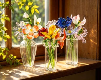 Fleur du mois de naissance en verre faite main, bouquet de fleurs teinté personnalisé, cadeau en verre, cadeau d'anniversaire pour maman/grand-mère, décoration d'intérieur, fleur de naissance