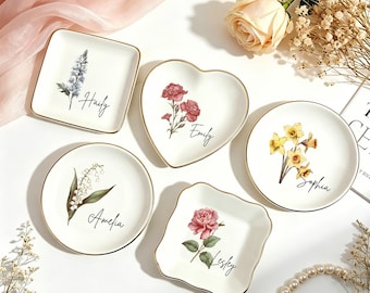 Vide-poche personnalisé fleur de naissance, porte-bague fleur aquarelle personnalisé, cadeaux de Noël, cadeau de mariage demoiselle d'honneur, porte-bijoux d'anniversaire