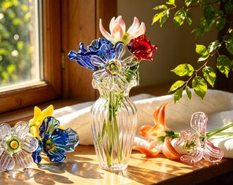 Fleurs en verre personnalisées pour le mois de naissance, mini bouquet en verre avec vase, mini cadeau floral pour maman grand-mère, cadeau fête des mères, cadeau d'anniversaire