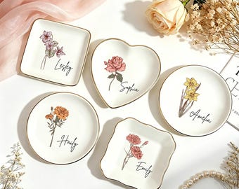 Vide-poche personnalisé fleur de naissance, porte-bague fleur aquarelle personnalisé, cadeaux de Noël, cadeau de mariage demoiselle d'honneur, porte-bijoux d'anniversaire