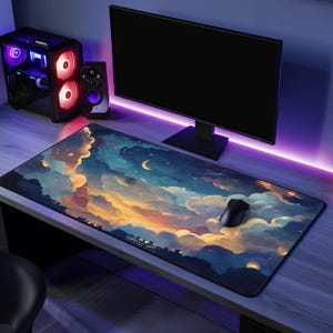 May include: A large, colourful mouse mat with a night sky and clouds design. The mouse mat is on a desk with a computer monitor, keyboard and mouse.