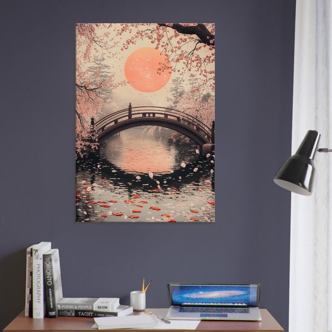 Cherry Blossom Canvas Wall Art – Japanese Sakura Bridge and Sunset ...