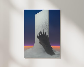 Puede incluir: Una impresión artística moderna que presenta una estructura rectangular blanca texturizada con una sombra en forma de mano. El fondo transiciona de azul a morado y naranja. La obra de arte está montada sobre una superficie blanca.