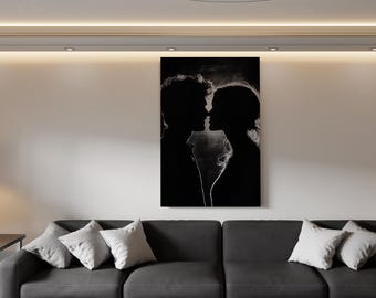 Romantisch silhouet paar canvas muurkunst - zwart-wit minimalistisch decor - intiem portret voor slaapkamer of modern interieur