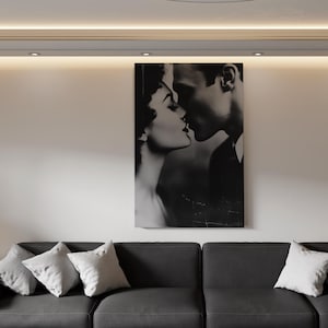 Romantic Black and White Canvas Wall Art - Vintage Couple Kissing Portrait - Timeless Hollywood-Inspired Decor for Bedroom or Living Room