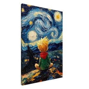 Starry Night Canvas Wall Art – Whimsical Child Under Starry Sky Inspired by Van Gogh, Unique Nature-Inspired Artwork for Home Décor