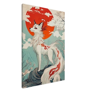 Kitsune Wandkunst - Japanische Leinwand Malerei, Fox Spirit Folklore, japanische ästhetische Kunst für Wohnkultur, magisches Yokai-Märchen