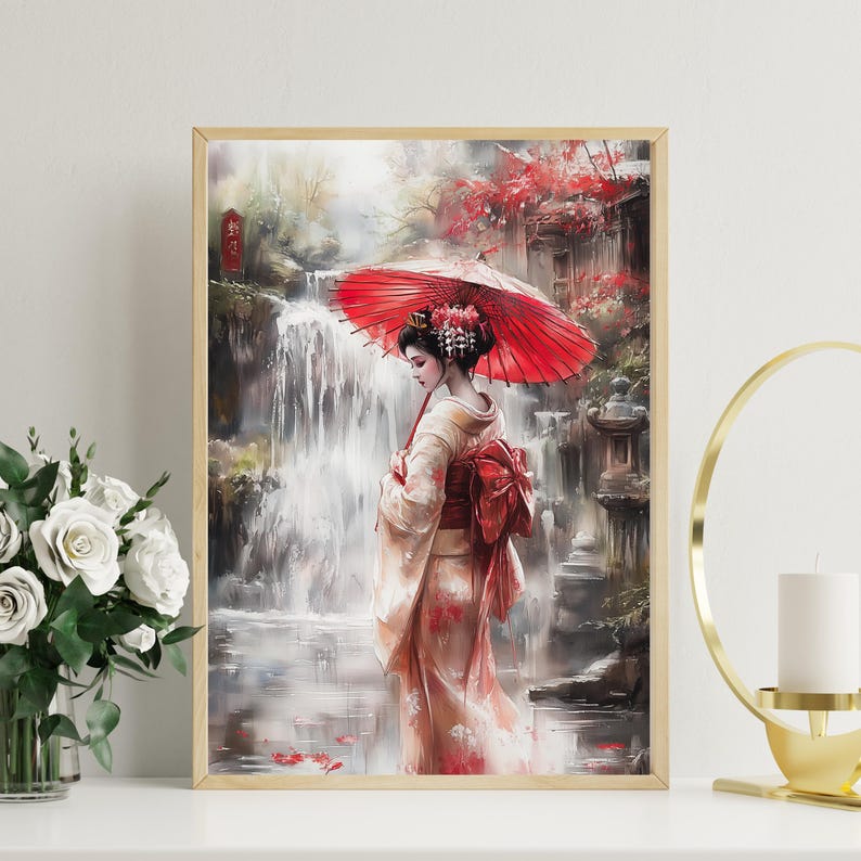 Japanese Geisha Canvas Wall Art – Elegant Red Parasol, Traditional ...