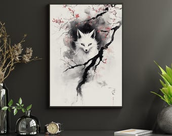Obraz na płótnie z motywem lisa Kitsune – inspirowany Japonią wzór z sakurą i mistycznym lasem – elegancka, naturalna dekoracja do domu lub biura
