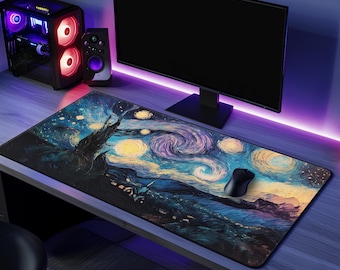 May include: A large, rectangular mousepad with a colorful, abstract painting of a starry night sky. The mousepad is on a desk with a computer monitor, speakers, and a mouse.