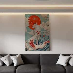 Kitsune Wandkunst - Japanische Leinwandmalerei, Fuchsgeist Folklorekunst, Ästhetisches Japanisches Dekor, Einzigartiges Yokai Märchen Wohndekor