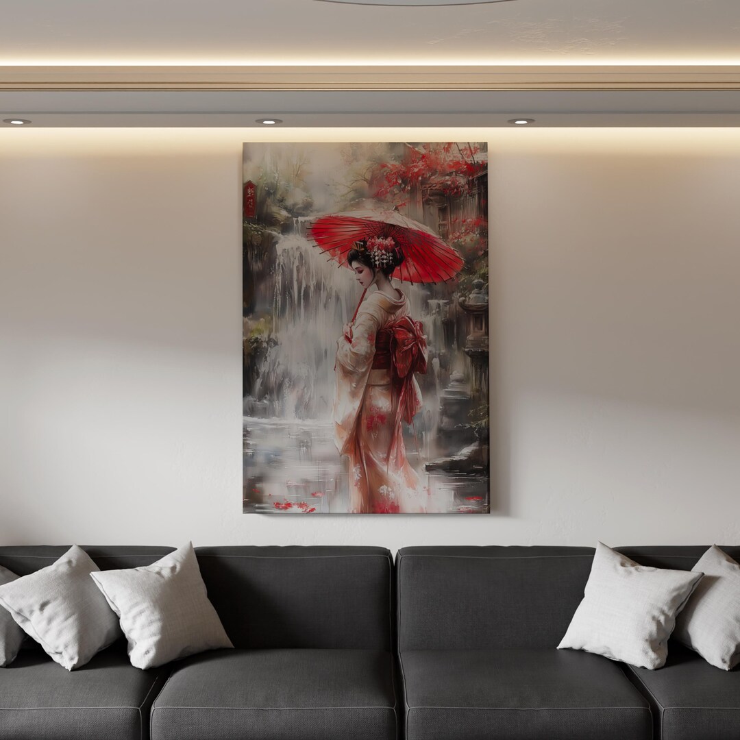 Japanese Geisha Canvas Wall Art – Elegant Red Parasol, Traditional ...