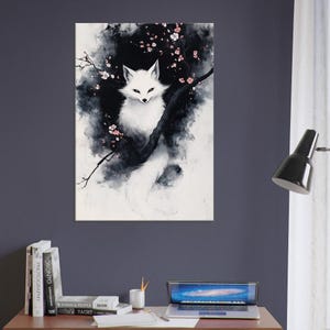 Kitsune Fox Canvas Wall Art - Japanese-Inspired Sakura and Mystical Forest Design - Elegant Nature Decor for Home or Office