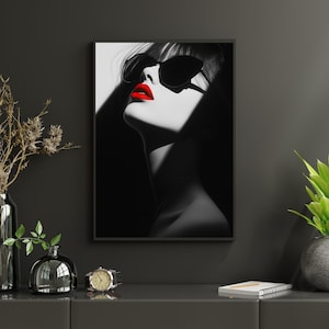 Arte mural elegante con labios rojos: póster glamoroso en blanco y negro, decoración de moda moderna, impresión de retrato de mujer minimalista