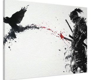 Dark Samurai Canvas Art: Gothic Japanese Warrior with Crow